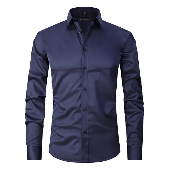 Back view of a men's slim-fit button-down casual shirt, showcasing tailored fit and fabric.