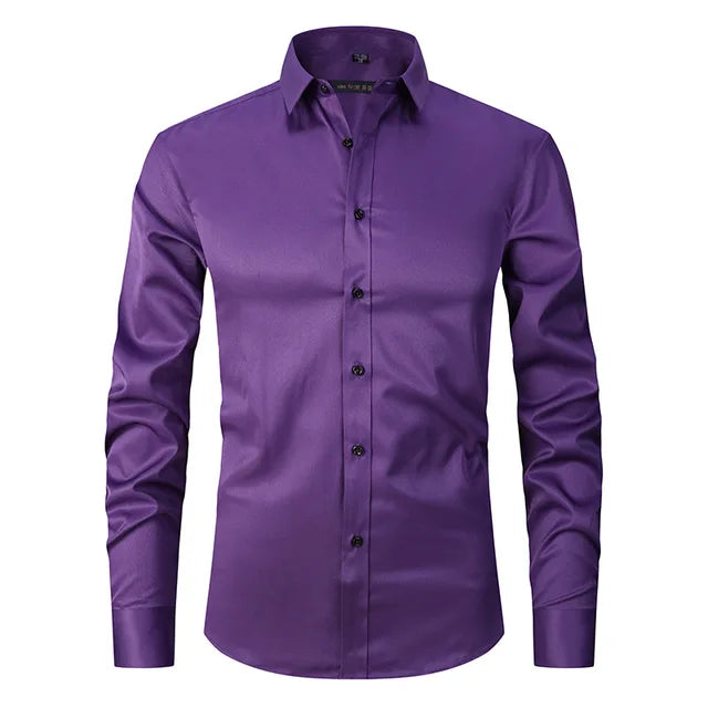 Men's casual slim-fit shirt, long sleeve, unbuttoned at collar, relaxed and stylish.