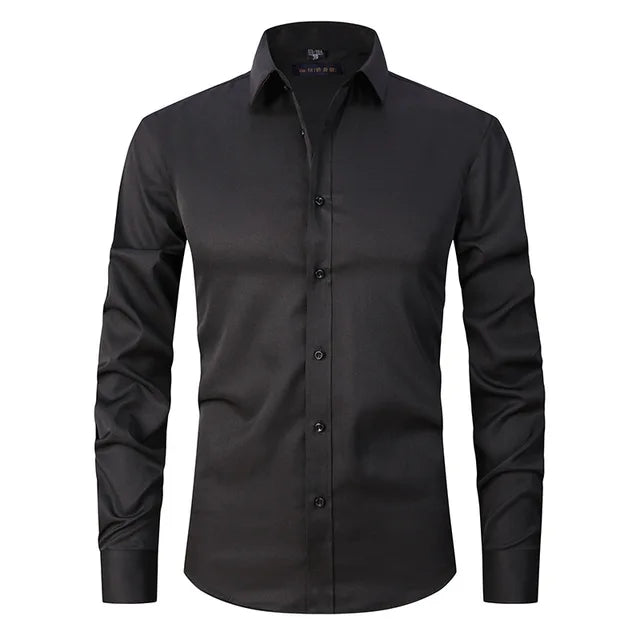Folded men's slim-fit button-down casual shirt, ready for travel or storage. Wardrobe staple.