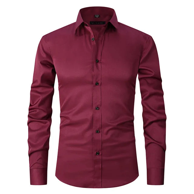 Fabric texture close-up of a men's slim-fit button-down casual shirt. Quality material.