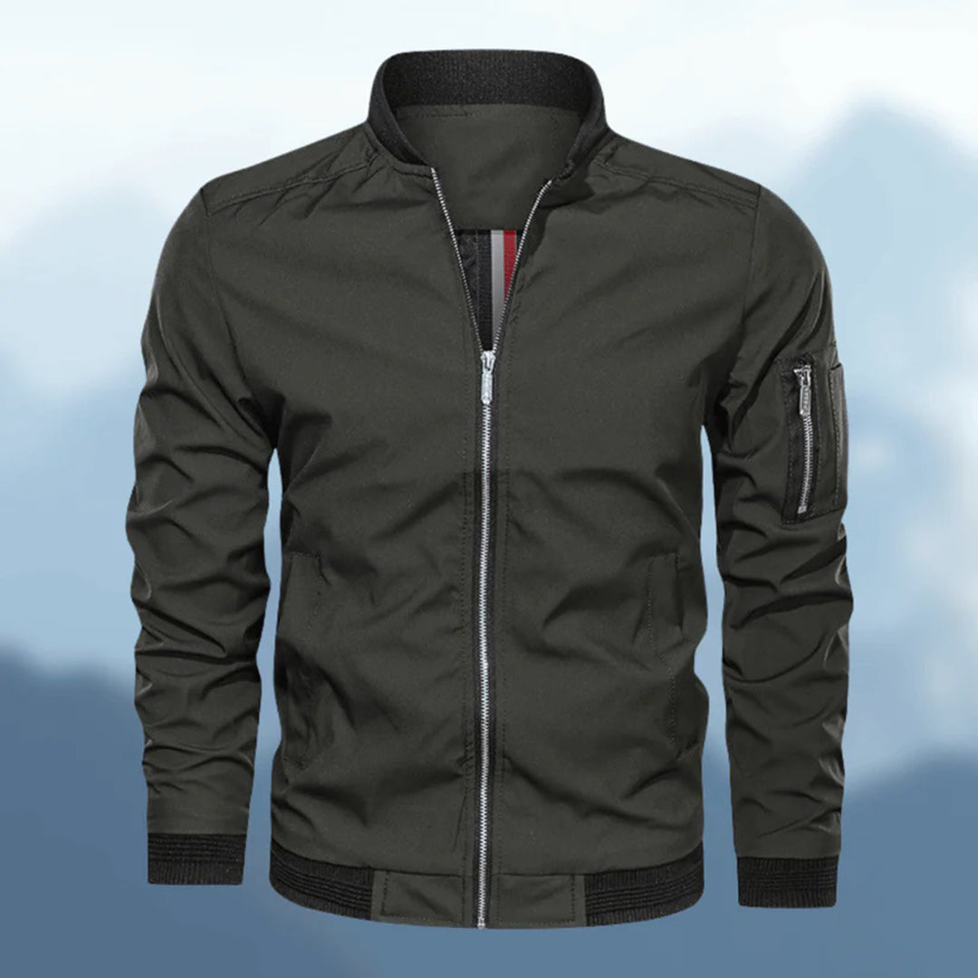 Stylish men's bomber jacket, slim fit, olive green, back view, ideal for casual fall outfits.