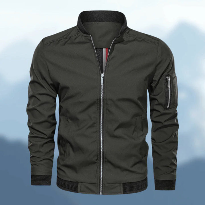 Stylish men's bomber jacket, slim fit, olive green, back view, ideal for casual fall outfits.