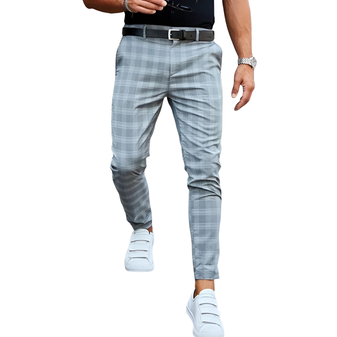 Stylish men's slim fit cropped pants with a chic checked pattern, ideal for modern fashion.