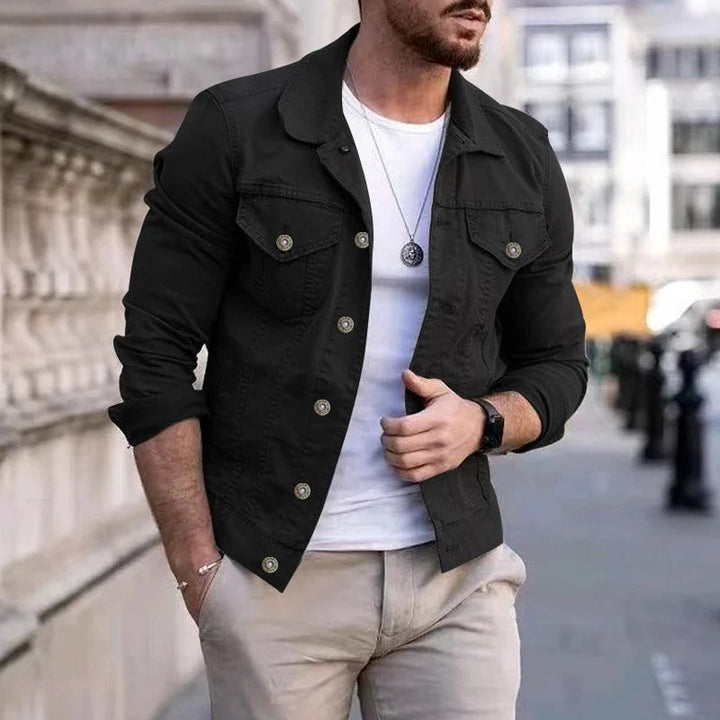 Stylish men's slim fit denim jacket, perfect outerwear for autumn, winter & year-round layering.