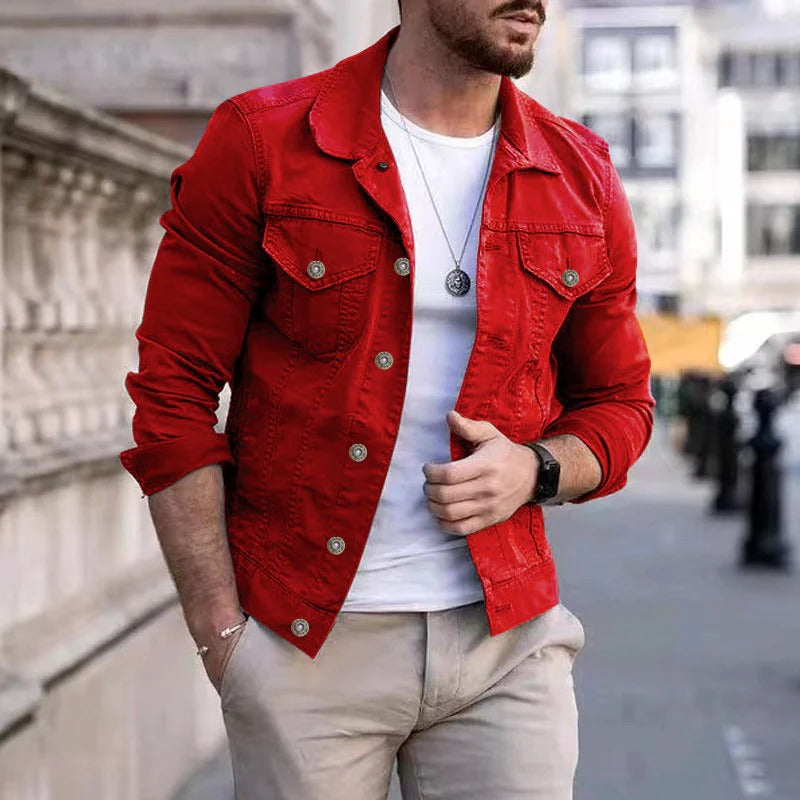 Fashionable men's slim fit denim jacket, classic casual wear for modern menswear & layering style.