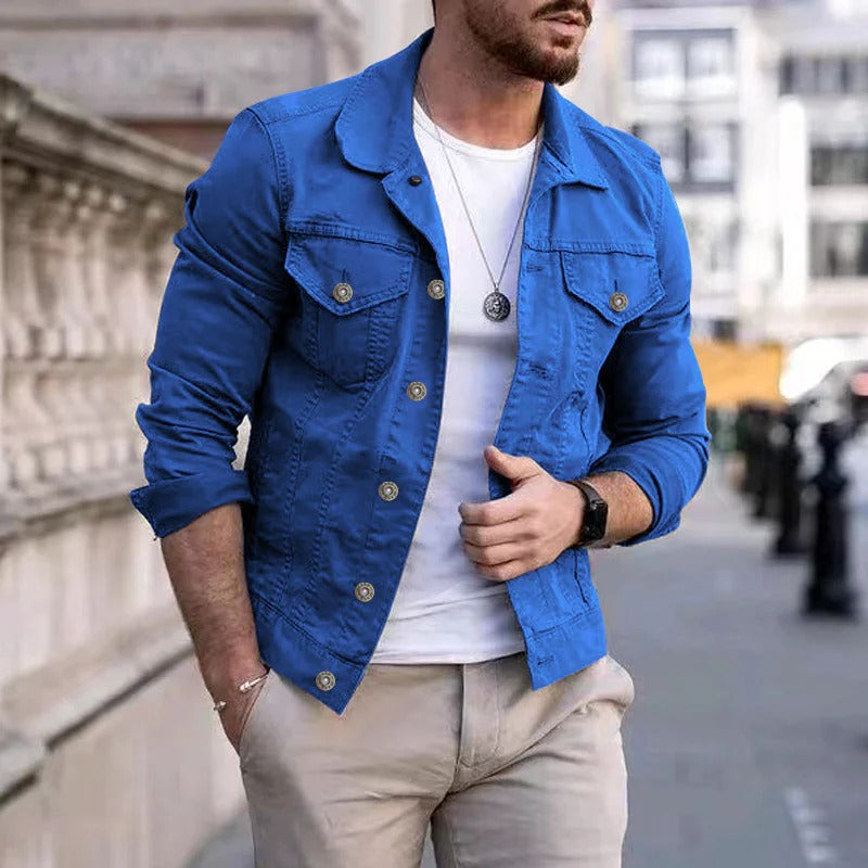 Milan men's slim fit denim jacket in classic blue, an essential for stylish autumn fashion & layering.