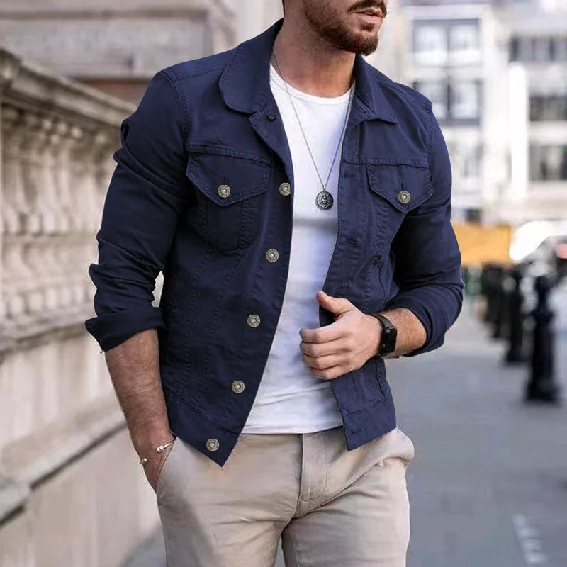 Versatile men's slim fit denim jacket, perfect for casual outfits, everyday style & outerwear fashion.