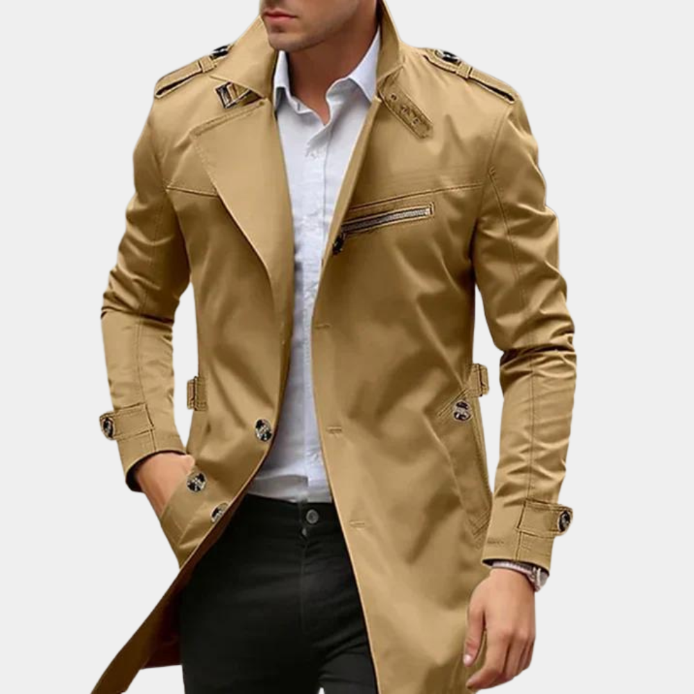 Men's slim fit double-breasted trench coat in classic beige, perfect for winter outerwear.