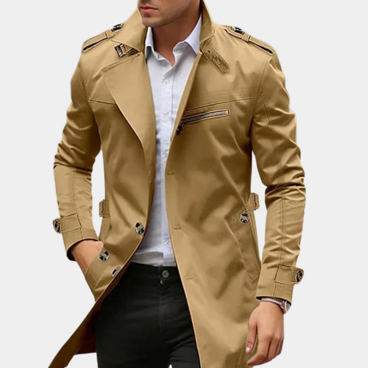 Men's slim fit double-breasted trench coat in classic beige, perfect for winter outerwear.