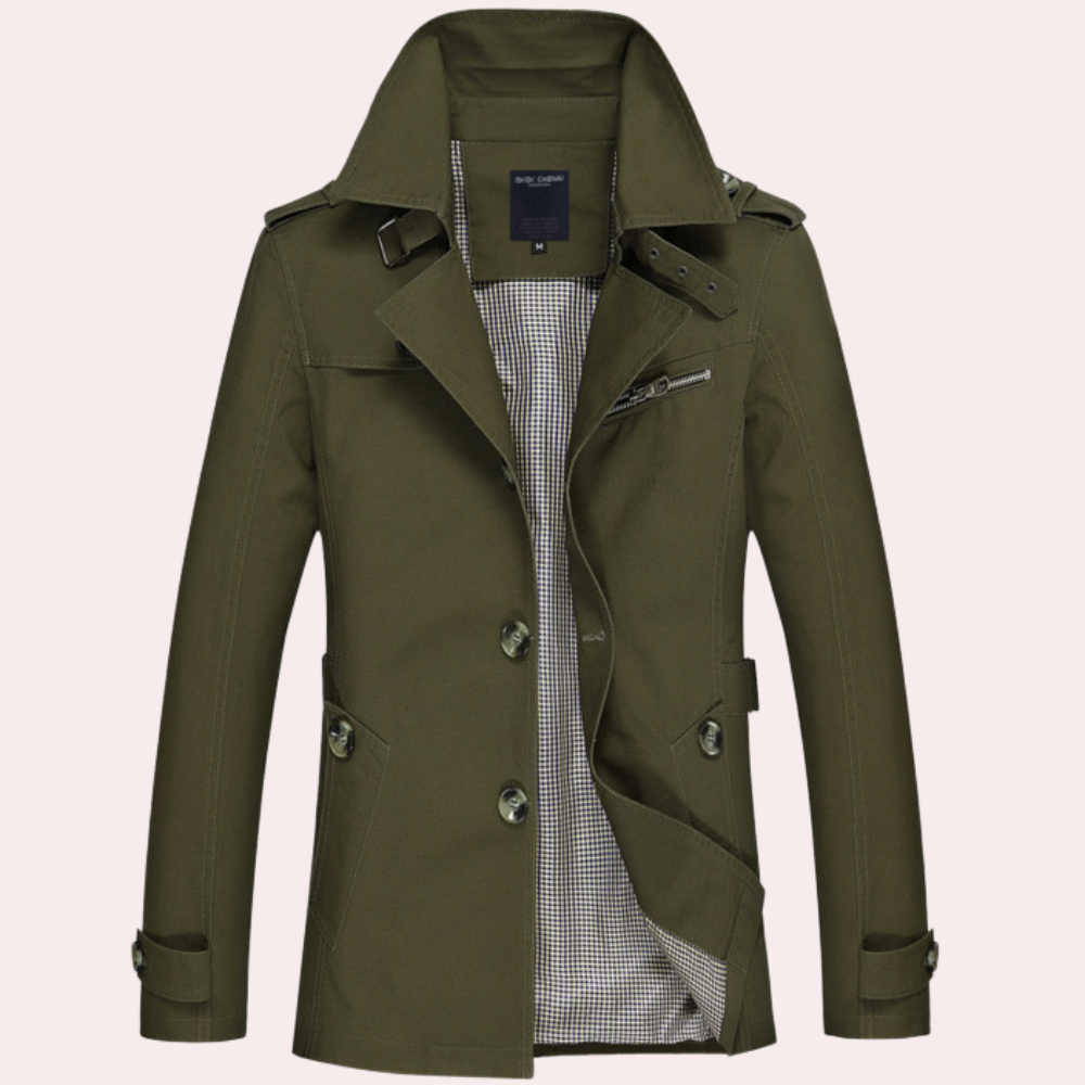Fashionable men's slim fit double-breasted trench coat, ideal for formal or casual outfits.