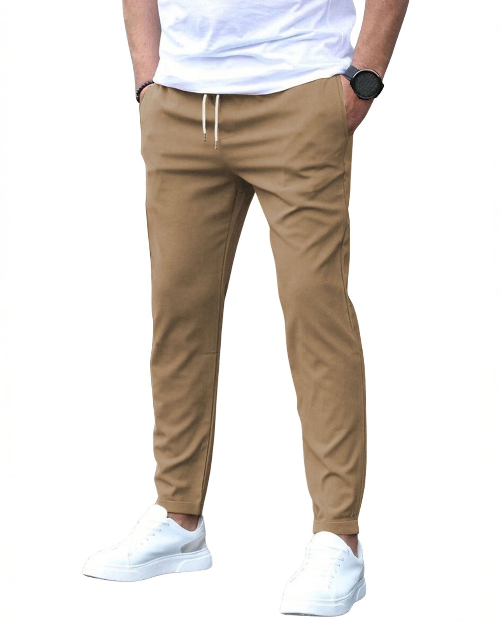 Premium comfort men's slim fit chino pants with drawstring, modern and adaptable.