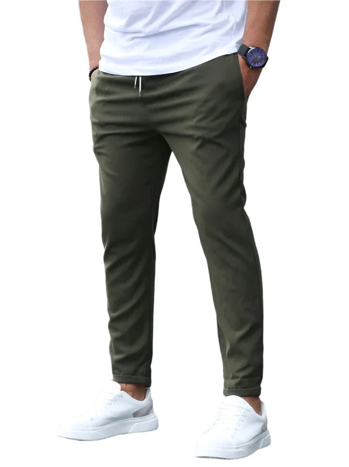 Modern men's fashion: slim fit drawstring chino pants, ideal for everyday comfort.