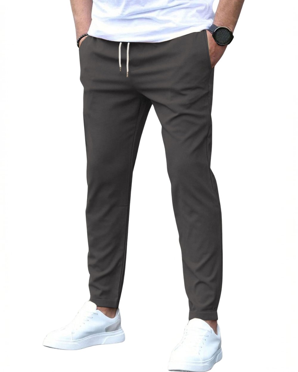 Men's drawstring chino pants, slim fit design for modern comfort and casual style.