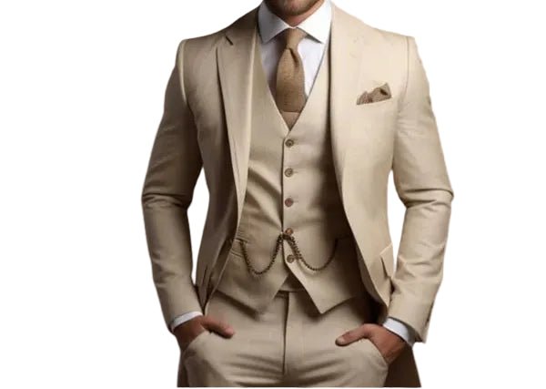 Tailored slim fit three-piece suit for men, perfect formal wear for weddings & special events. Modern men's fashion.