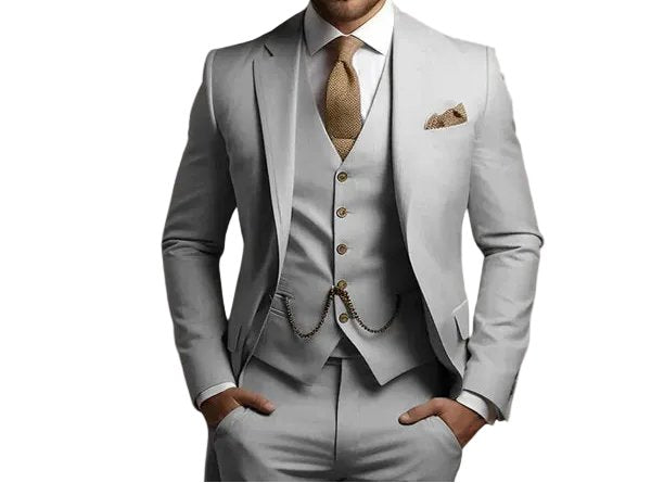 Elegant men's formal three-piece wedding suit. Slim fit tailored suit set for grooms & special occasion wear.
