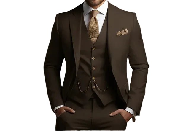Full men's three-piece suit set: slim fit jacket, vest & trousers. Ideal tailored formal wear for weddings.