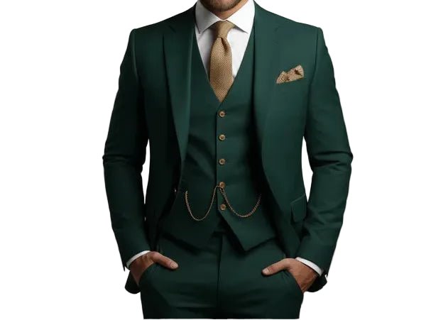 Stylish men's premium slim fit three-piece suit, perfectly tailored formal wear for any wedding or formal event.