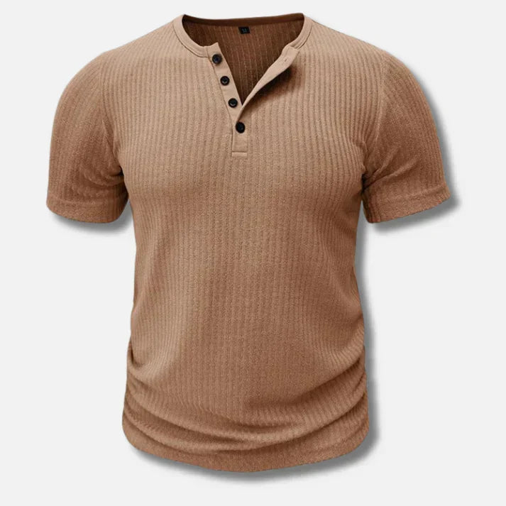 Stylish men's short-sleeve slim-fit Henley t-shirt, a versatile button-up top for casual wear.