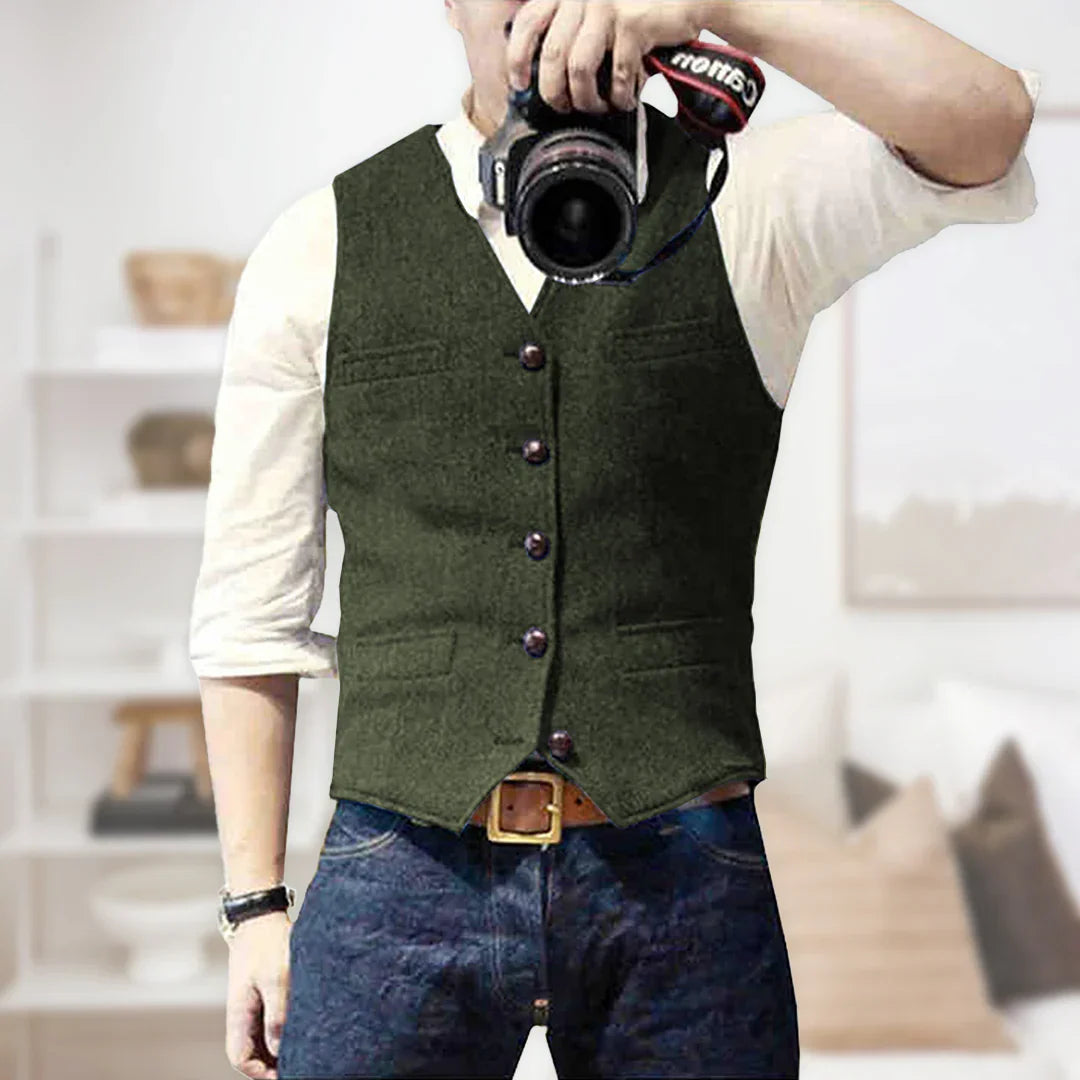 Formal men's slim fit herringbone tweed vest, perfect for special occasions.