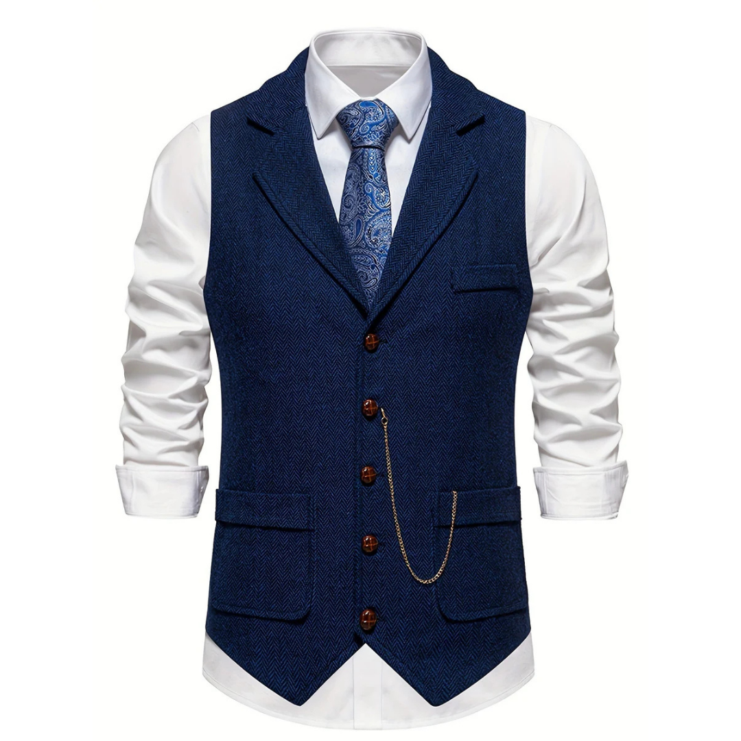 Men's slim fit herringbone vest in dark grey, perfect for tailored elegance or business casual outfits.