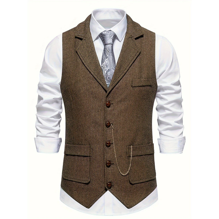 Classic men's v-neck herringbone waistcoat, ideal for formal wear, layered styling, and sophisticated business looks.