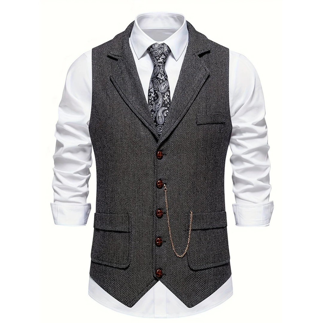 Tailored men's slim fit herringbone vest, exuding classic elegance, suitable for formal or smart casual attire.