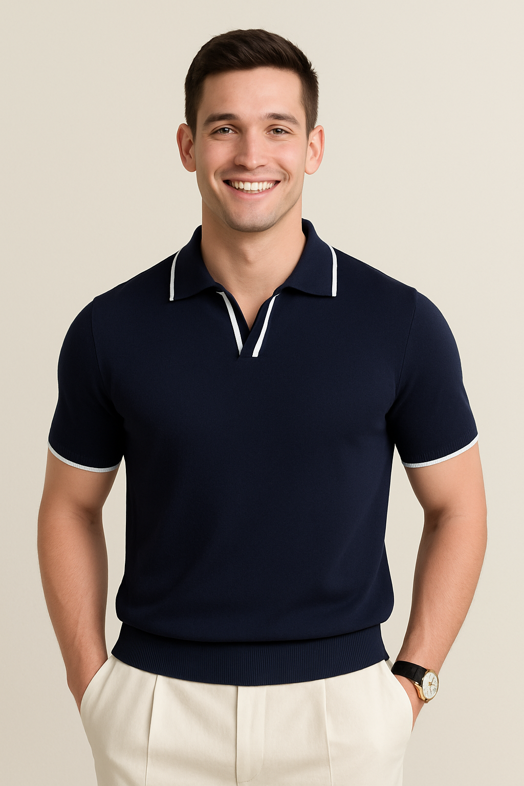 Men's slim fit knit polo shirt with stylish contrast trim, perfect for smart casual summer wear.