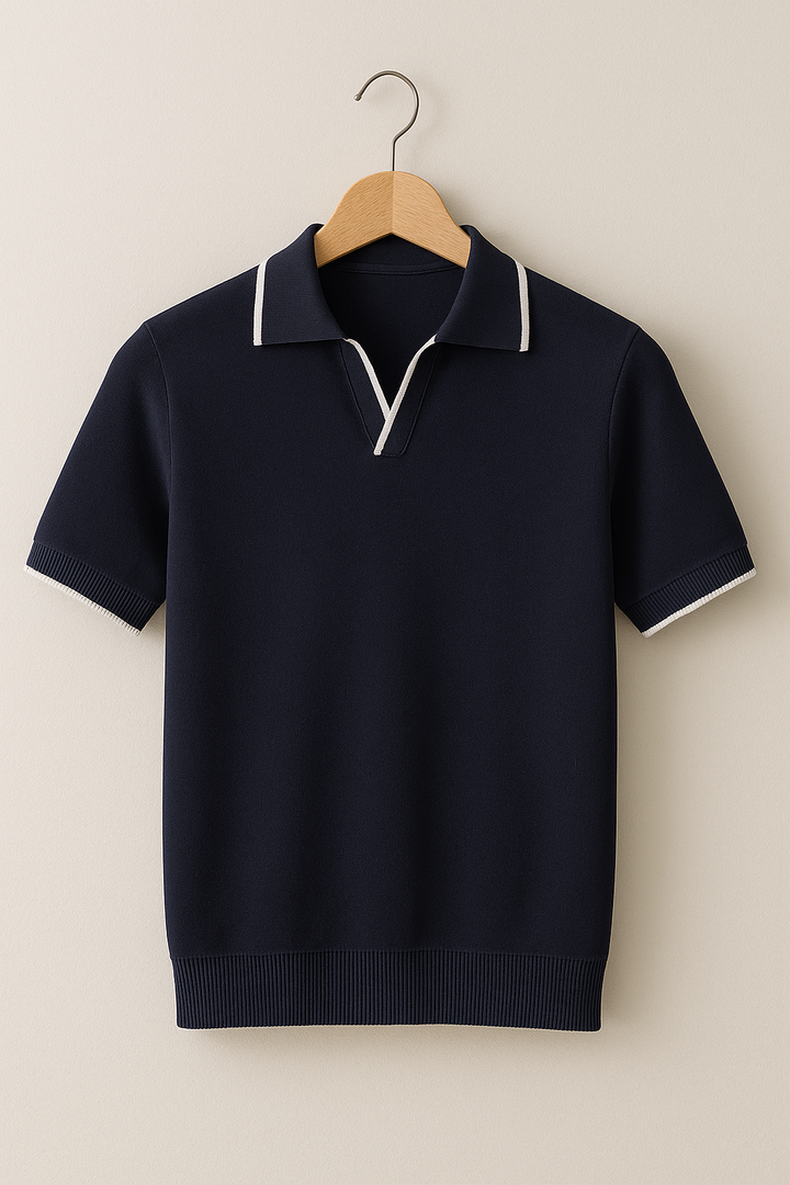 Stylish knit men's polo with short sleeves & contrast trim, ideal for casual men's fashion & everyday wear.