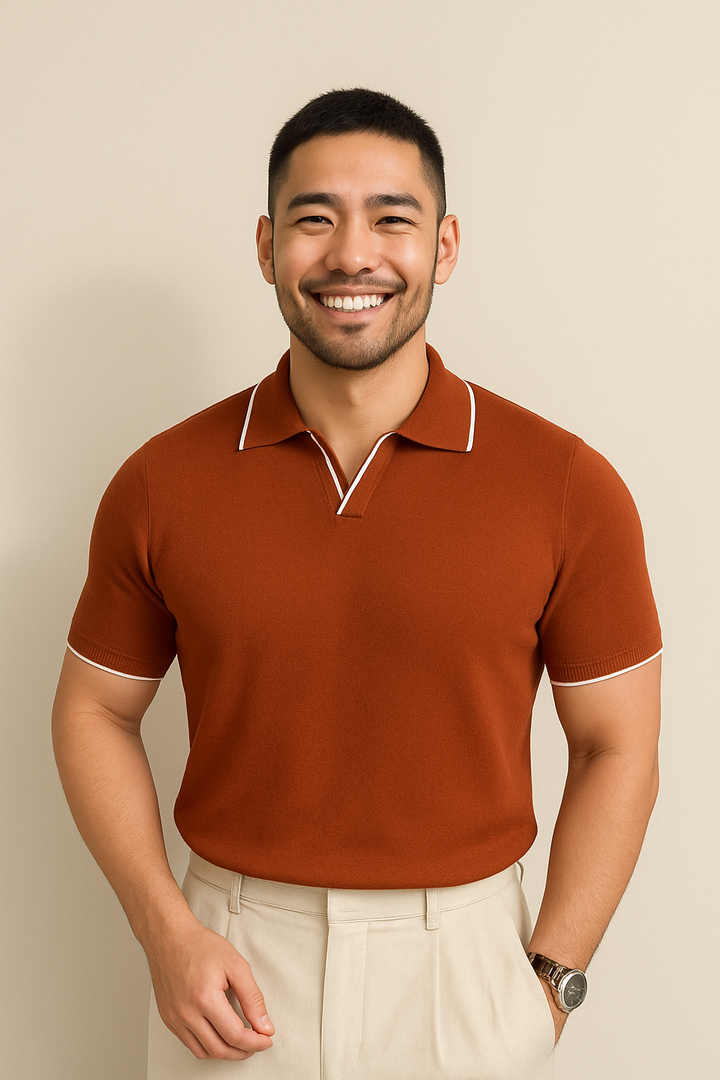 Modern men's slim fit short-sleeve knit polo with sophisticated contrast trim, a versatile everyday shirt.