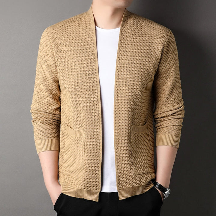 Men's slim fit knitted cardigan in dark grey with front pockets, perfect for casual layering.
