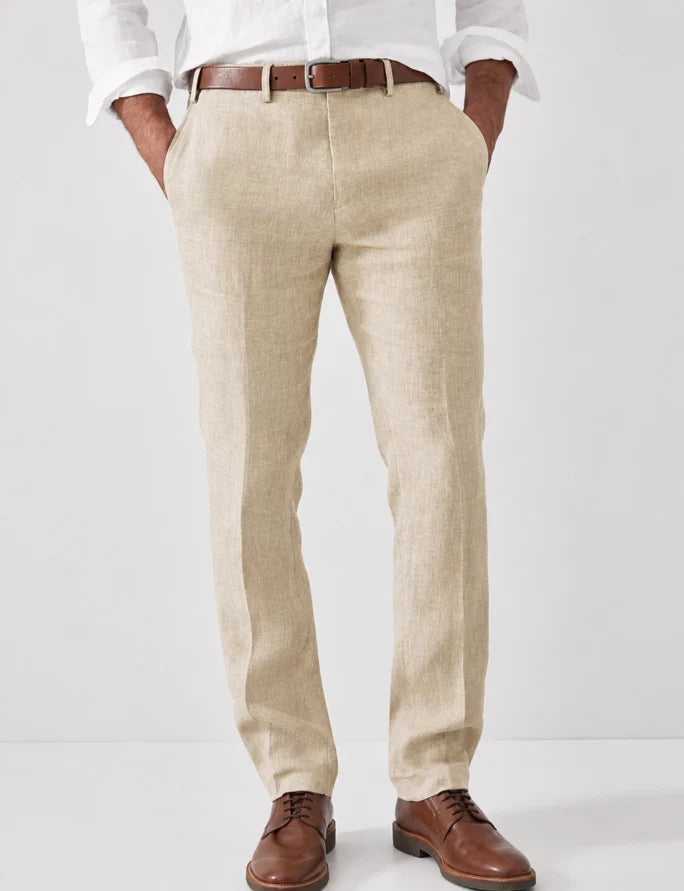 Men's slim fit linen dress pants, perfect for summer comfort. Lightweight tailored trousers in a versatile beige color.