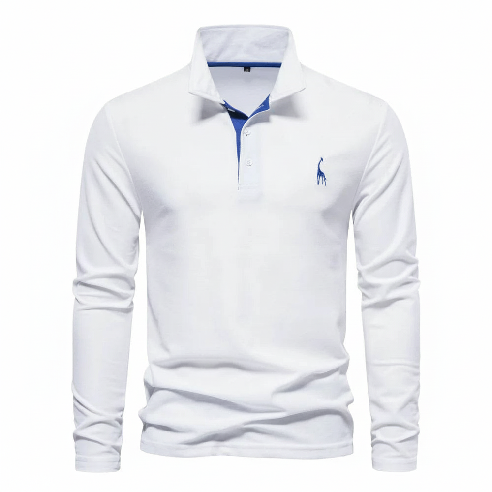 Versatile men's collared long sleeve polo shirt, slim fit design. Perfect for casual or smart-casual outfits.