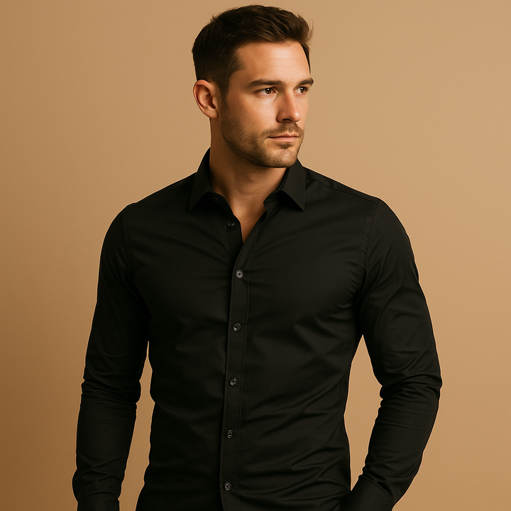 Men's slim fit modern dress shirt, long sleeve button-up. Perfect for formal wear or office attire.