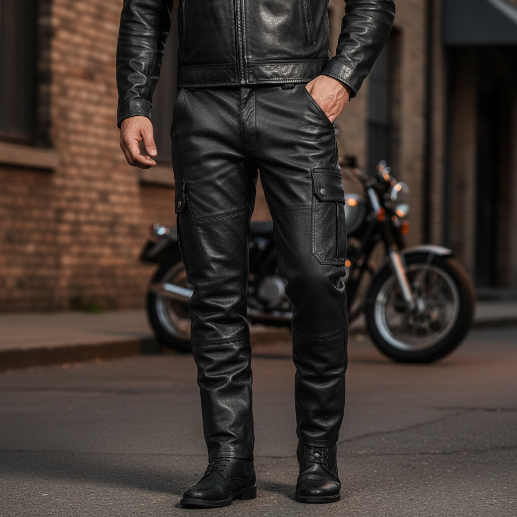 Men's slim fit motorcycle trousers, black leather, perfect for urban fashion & rock style, with comfortable fit.