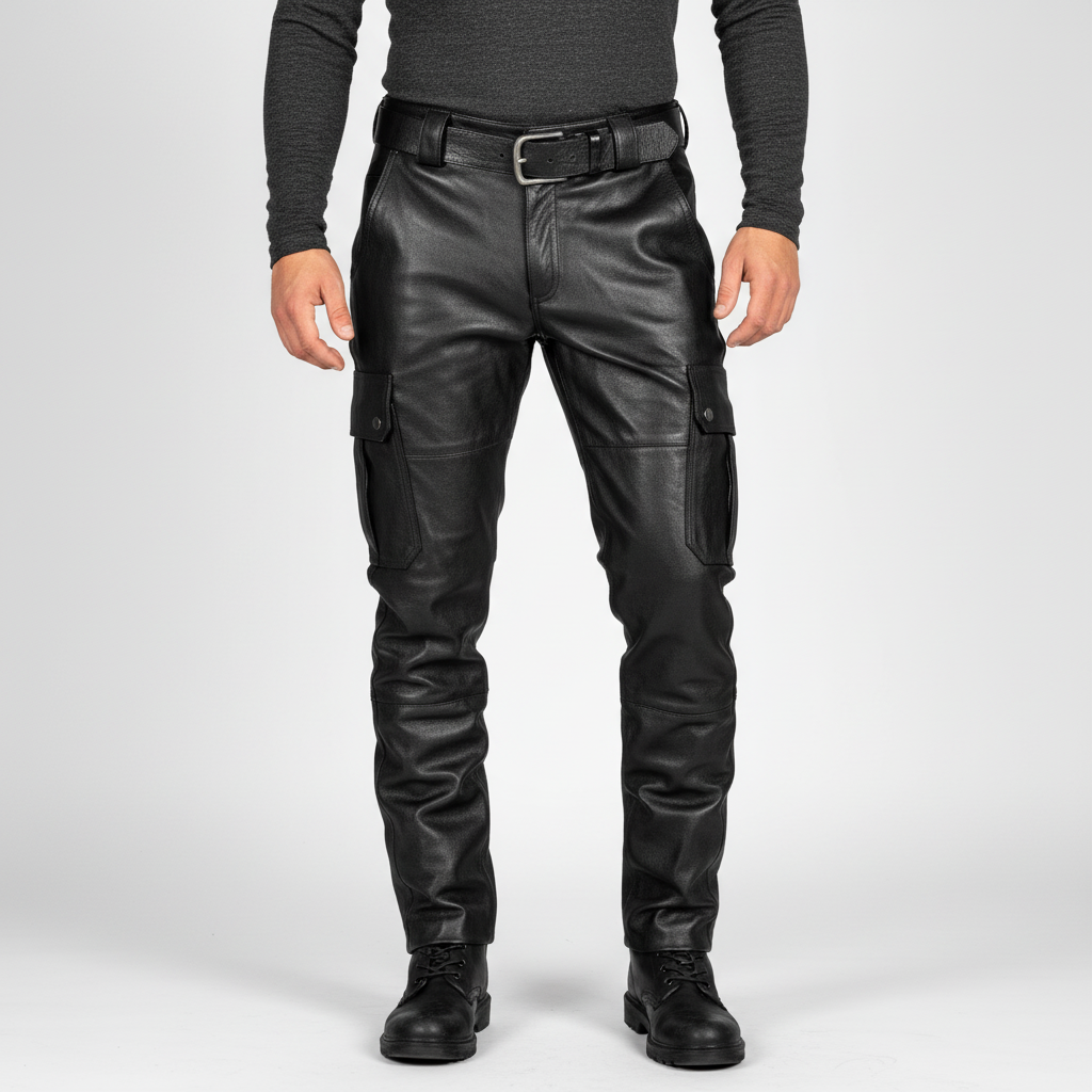 Durable men's slim fit motorcycle leather pants in black, designed for comfort and style on the road or city.