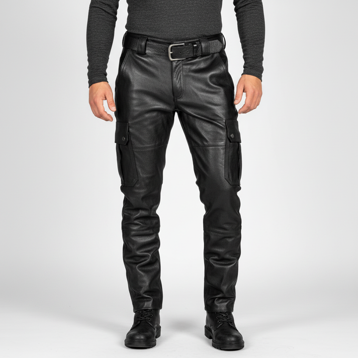 Durable men's slim fit motorcycle leather pants in black, designed for comfort and style on the road or city.