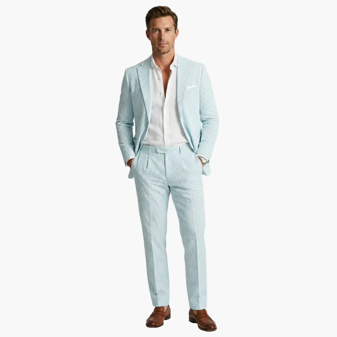 Men's slim fit pinstripe two-piece summer suit. Ideal smart casual or formal event wear.