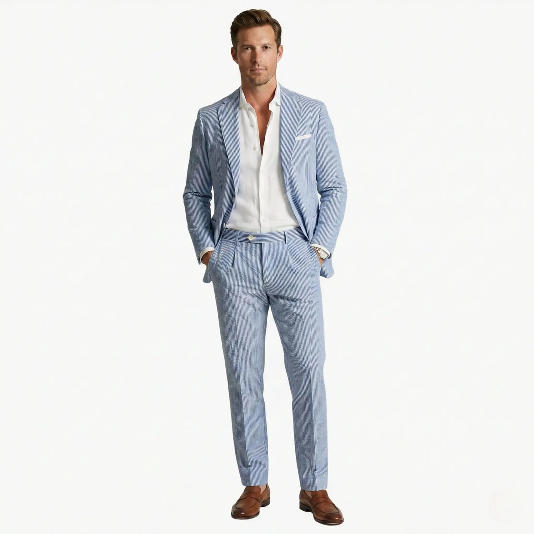 Breathable men's slim fit pinstripe two-piece suit. Perfect summer formal wear & smart casual fashion.