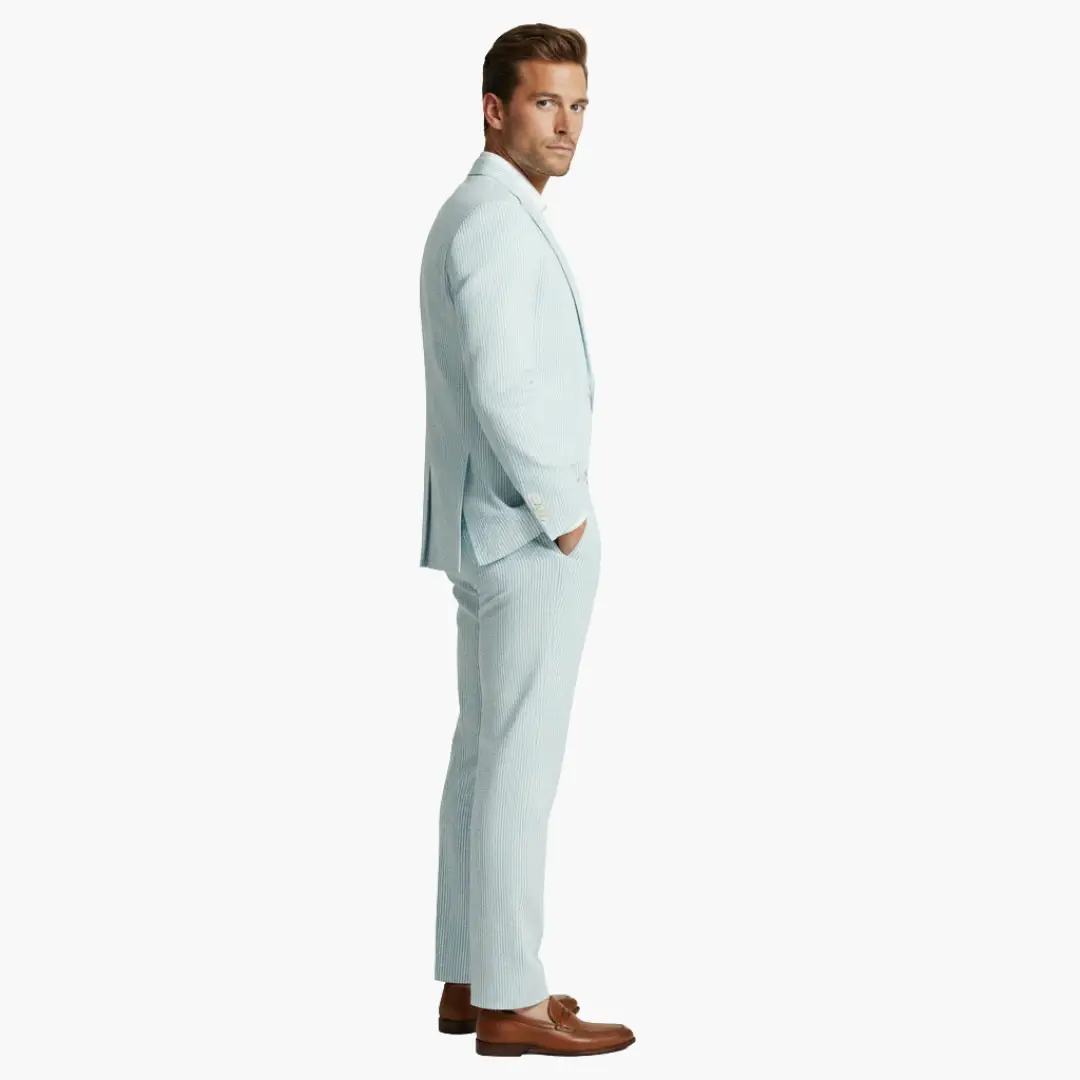 Stylish men's pinstripe slim fit summer suit. Perfect two-piece formal wear for special events.