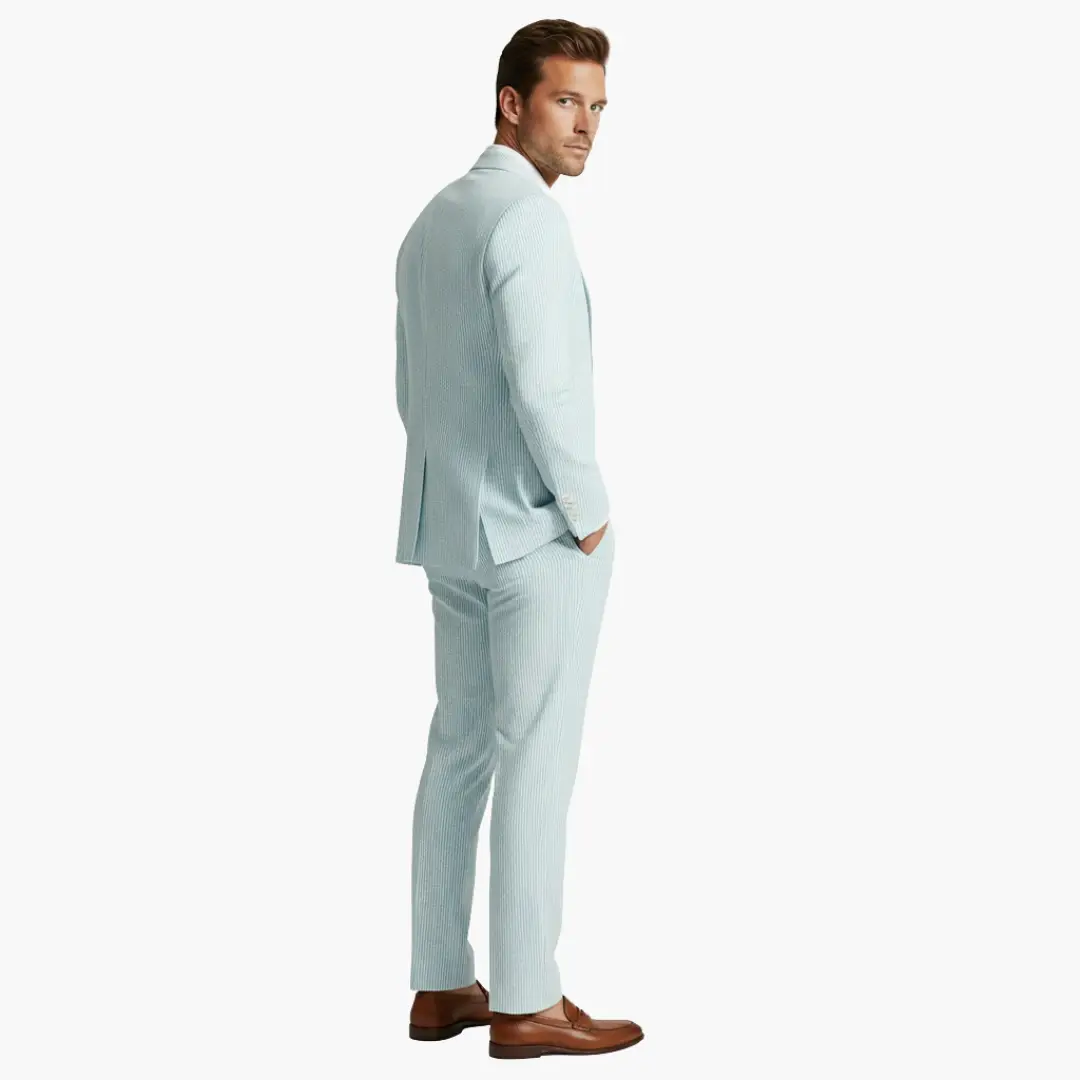 Lightweight slim fit men's pinstripe suit, a comfortable two-piece summer fashion set.