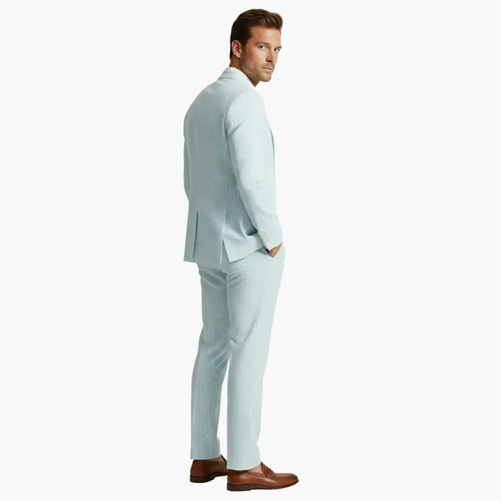 Lightweight slim fit men's pinstripe suit, a comfortable two-piece summer fashion set.