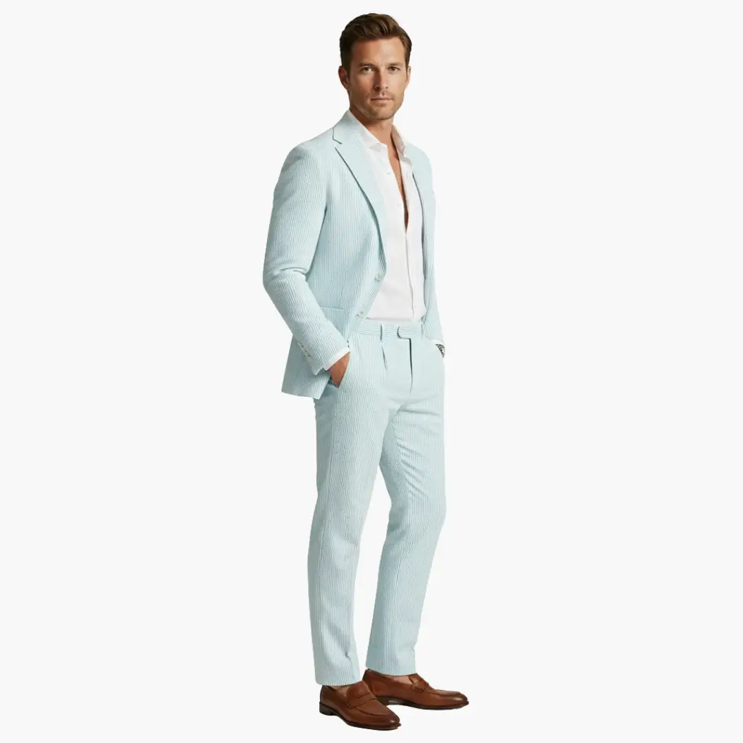 Man showcasing a sharp slim fit pinstripe two-piece summer suit. Essential men's fashion.