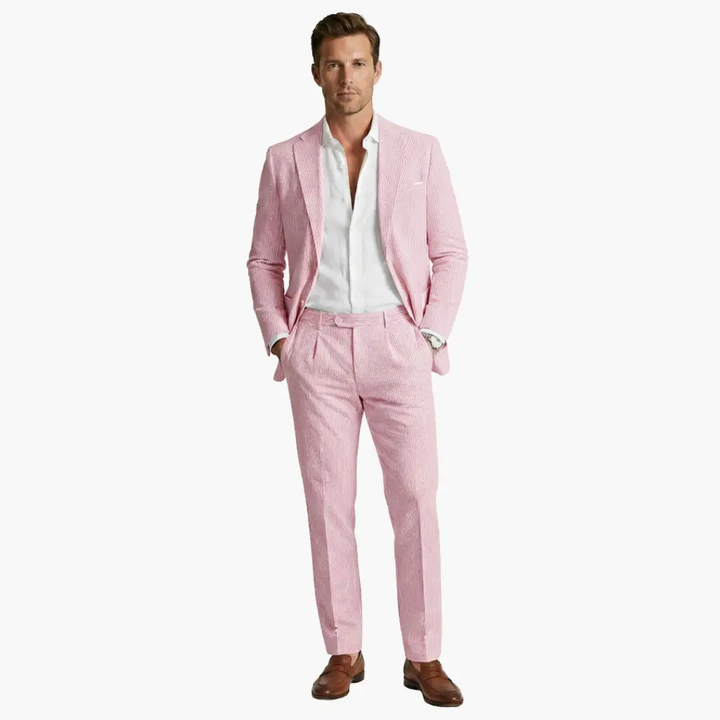 Elegant pinstripe men's slim fit two-piece summer suit set, modern formal wear.