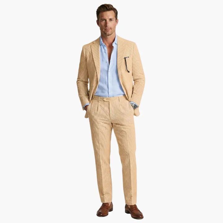 Complete men's two-piece slim fit pinstripe suit set, designed for summer events & smart casual.