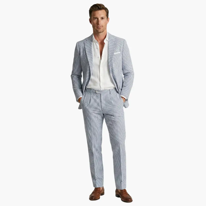 Sophisticated men's slim fit pinstripe two-piece summer suit. Modern formal and event wear.