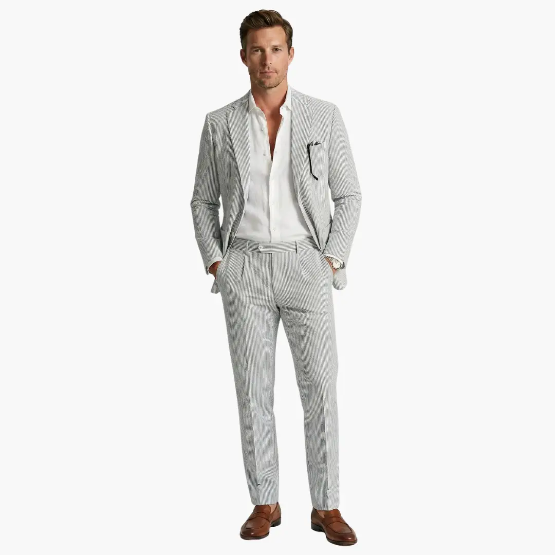 Versatile men's slim fit pinstripe two-piece summer suit for smart casual or formal occasions.