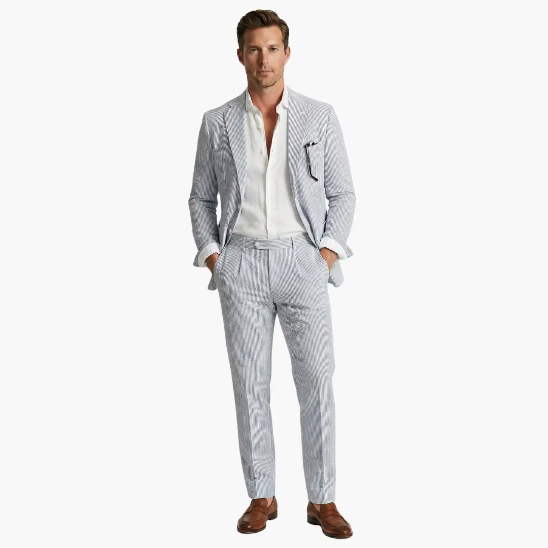Contemporary men's slim fit pinstripe summer suit set, a stylish two-piece for modern formal wear.