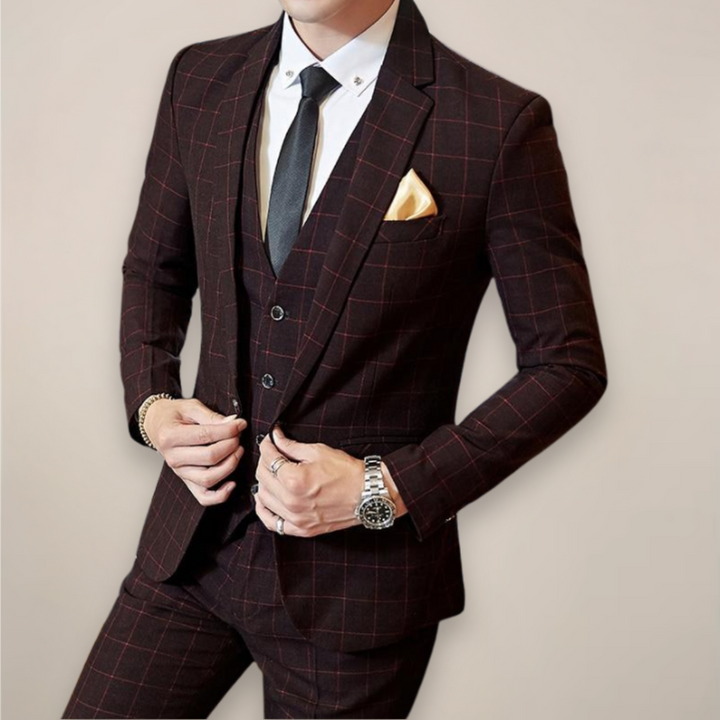 Elegant men's checked plaid suit. Slim fit design perfect for business attire or formal events. Modern fashion.