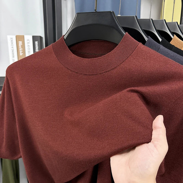 Refined men's casual mock neck t-shirt, short sleeve, slim fit for a polished look.