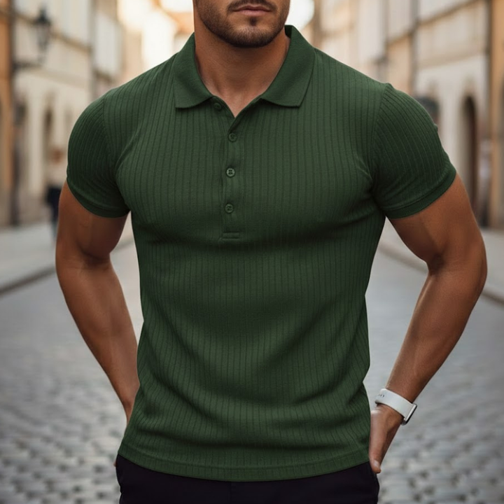 Men's sports polo, slim fit short sleeve design. Ideal fitness apparel for active lifestyles & summer comfort.